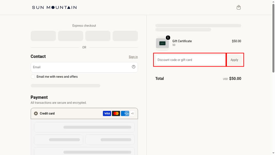 Sun Mountain Sports checkout page showing the Discount code or gift card field and Apply button