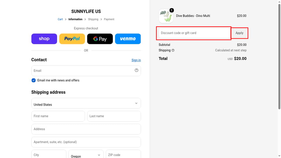 SUNNYLiFE checkout page showing the Discount code or gift card field and Apply button