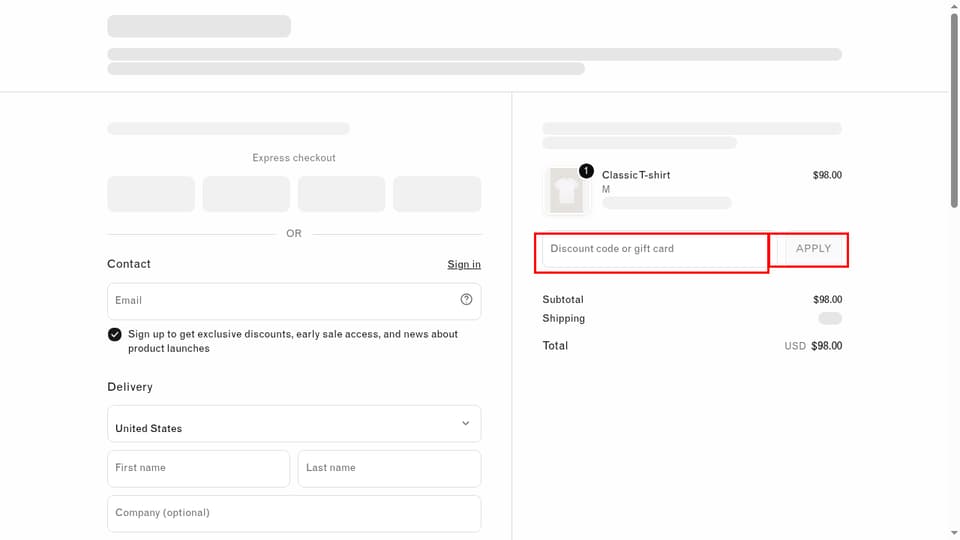 Sunspel checkout page showing the Discount code or gift card field and Apply button