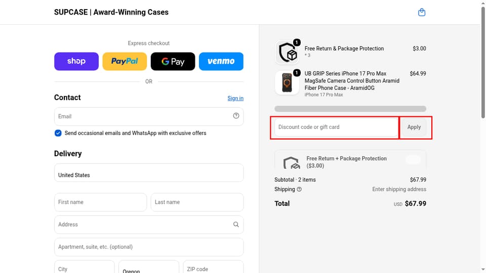 Supcase checkout page showing the Discount code or gift card field and Apply button