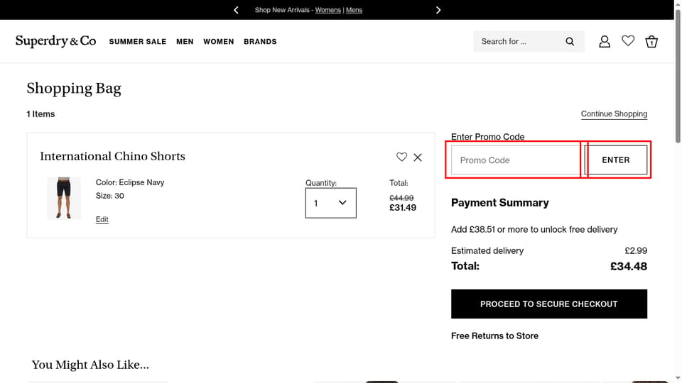 SuperDry checkout page showing the Promo Code field and ENTER button