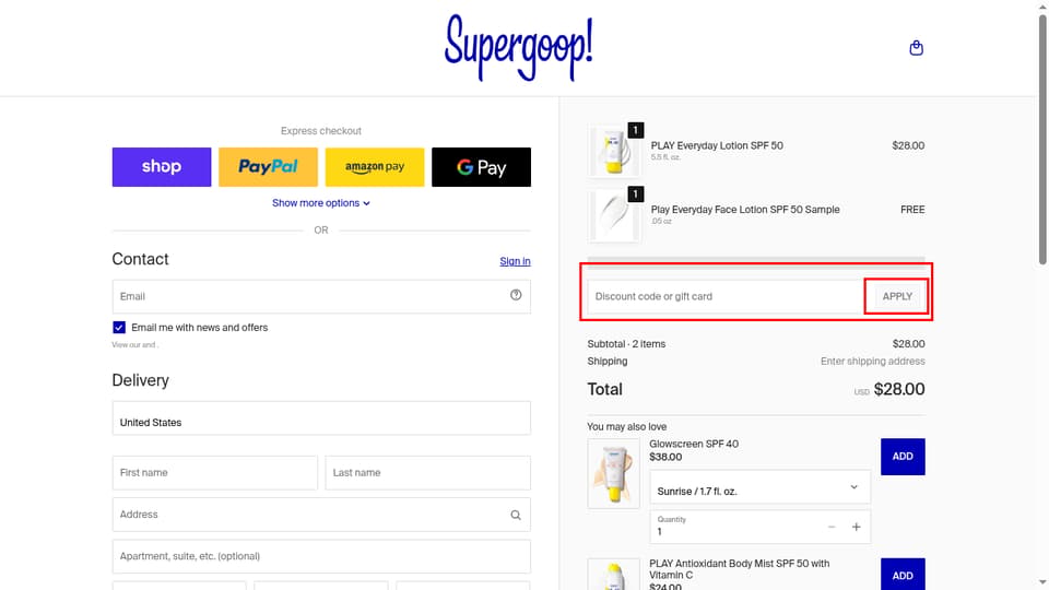 Supergoop! checkout page showing the Discount code or gift card field and Apply button