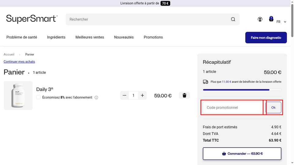 SuperSmart checkout page showing the Code promotionnel field and Ok button