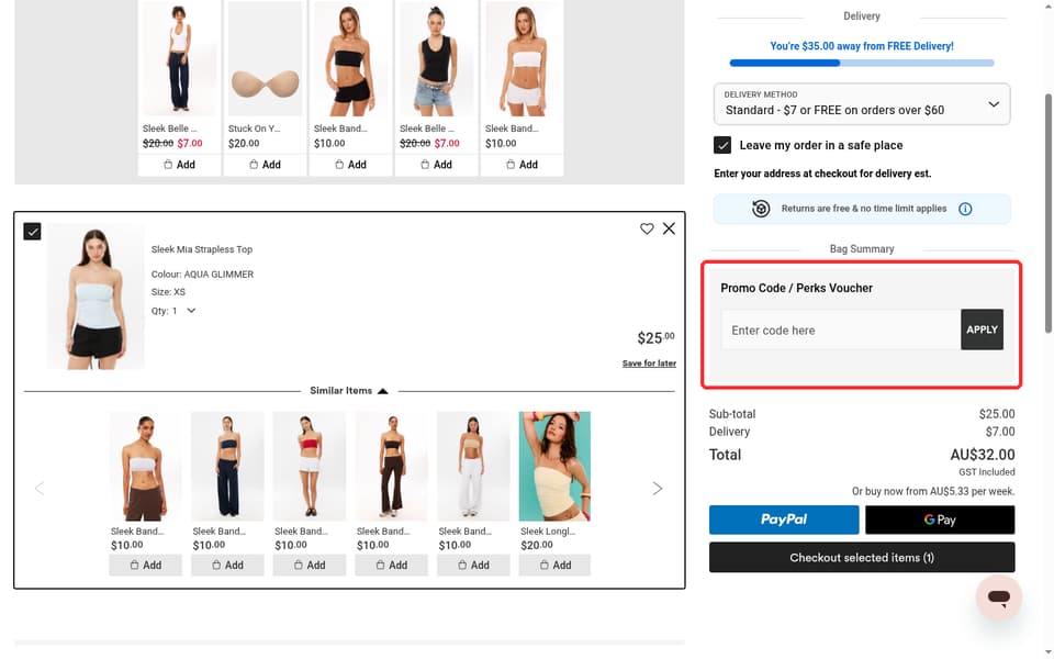 Supré checkout page showing the Enter code here field and Apply button