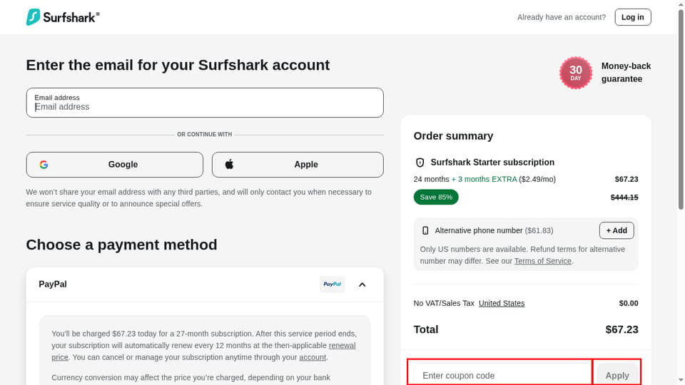 Surfshark checkout page showing the Enter coupon code field and Apply button