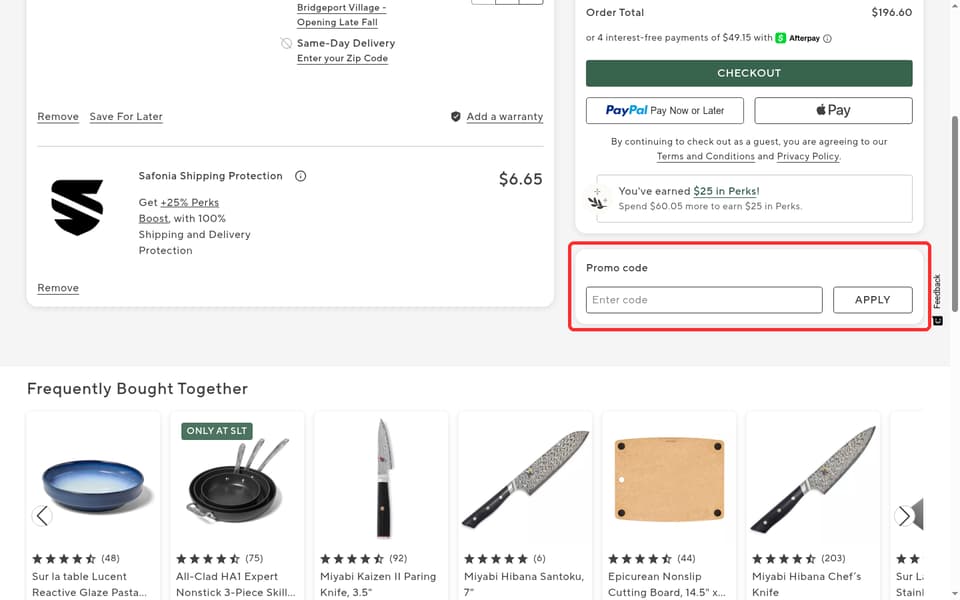 Sur La Table checkout page showing the Enter code field and Apply button