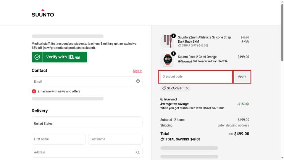 Suunto checkout page showing the Discount code field and Apply button
