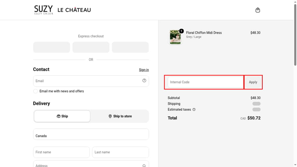 Suzy Shier checkout page showing the Internal Code field and Apply button