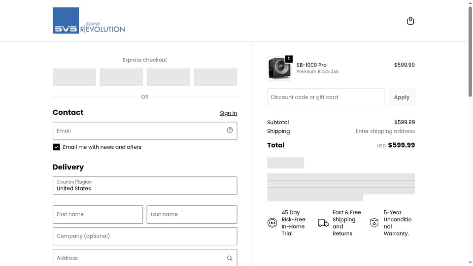 SVS checkout page showing the Discount code or gift card field and Apply button