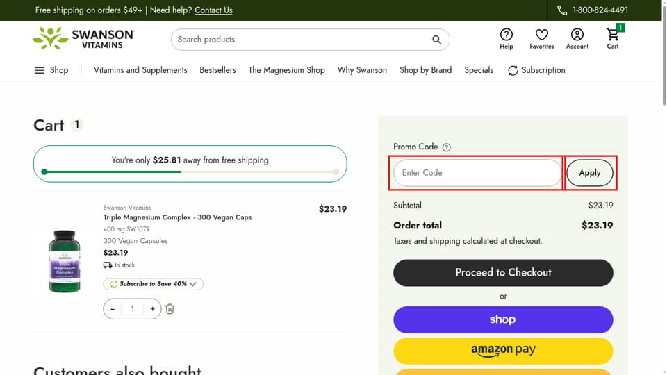 Swanson Vitamins checkout page showing the Enter Code field and Apply button