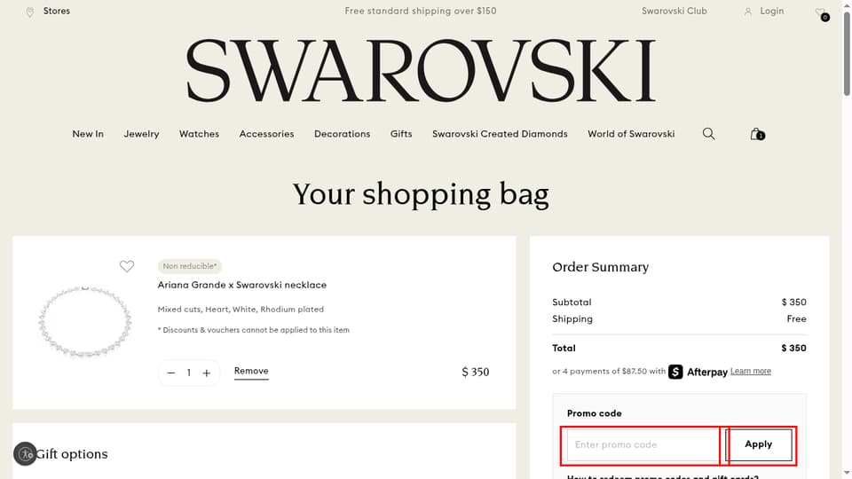 Swarovski checkout page showing the Enter promo code field and Apply button
