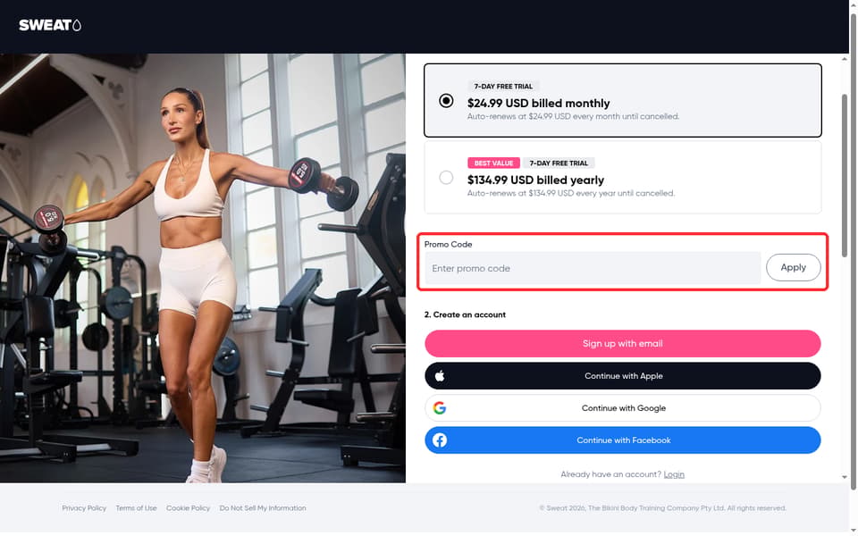 Sweat checkout page showing the Enter promo code field and Apply button