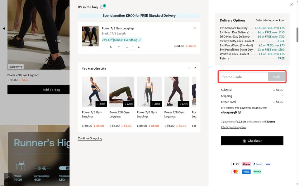 Sweaty Betty checkout page showing the Promo Code field and Apply button