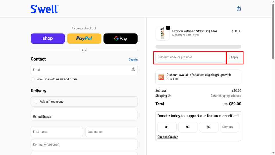 S'well checkout page showing the Discount code or gift card field and Apply button