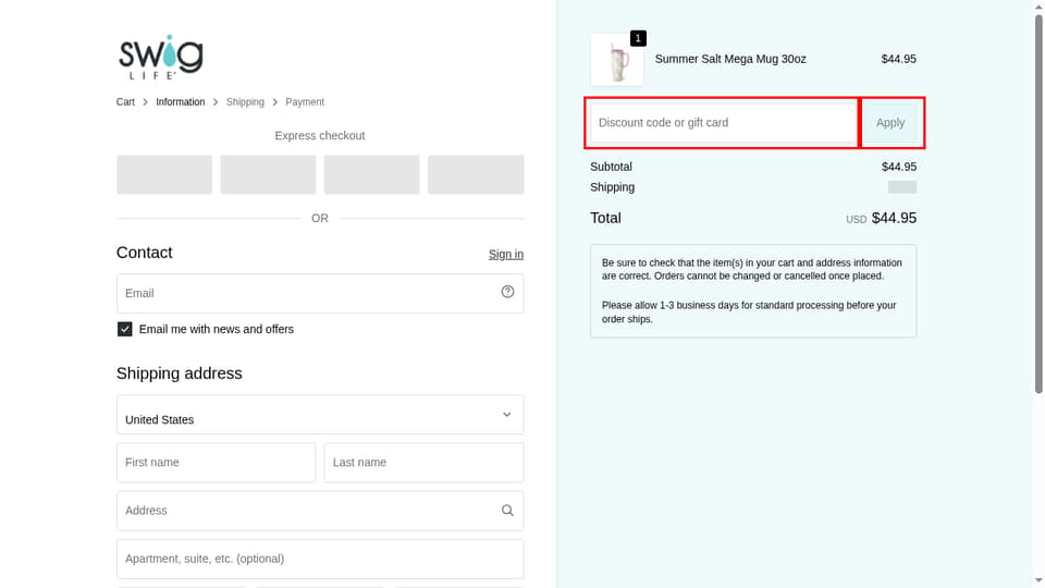 Swig Life checkout page showing the Discount code or gift card field and Apply button