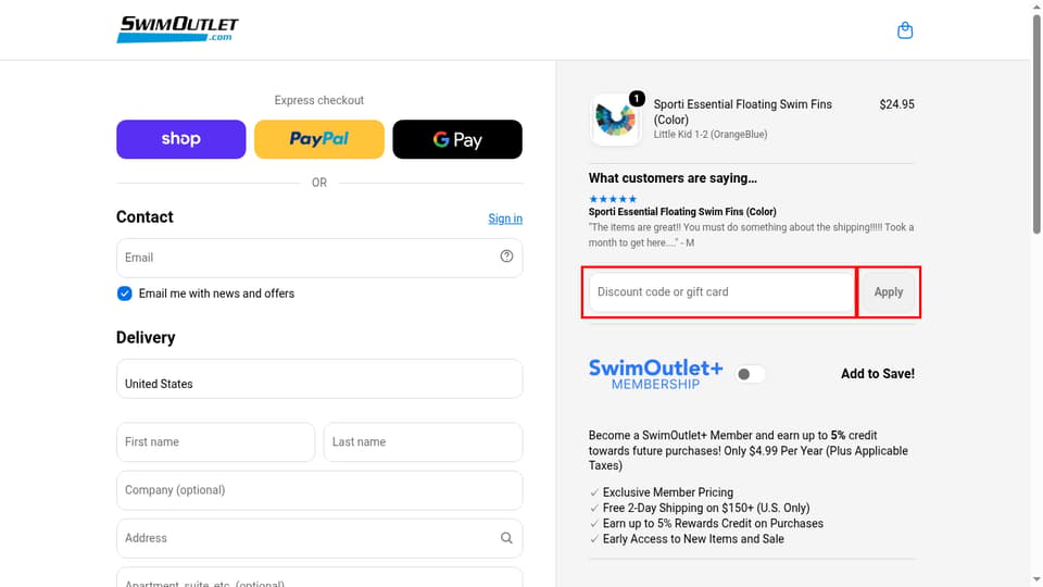 SwimOutlet checkout page showing the Discount code or gift card field and Apply button