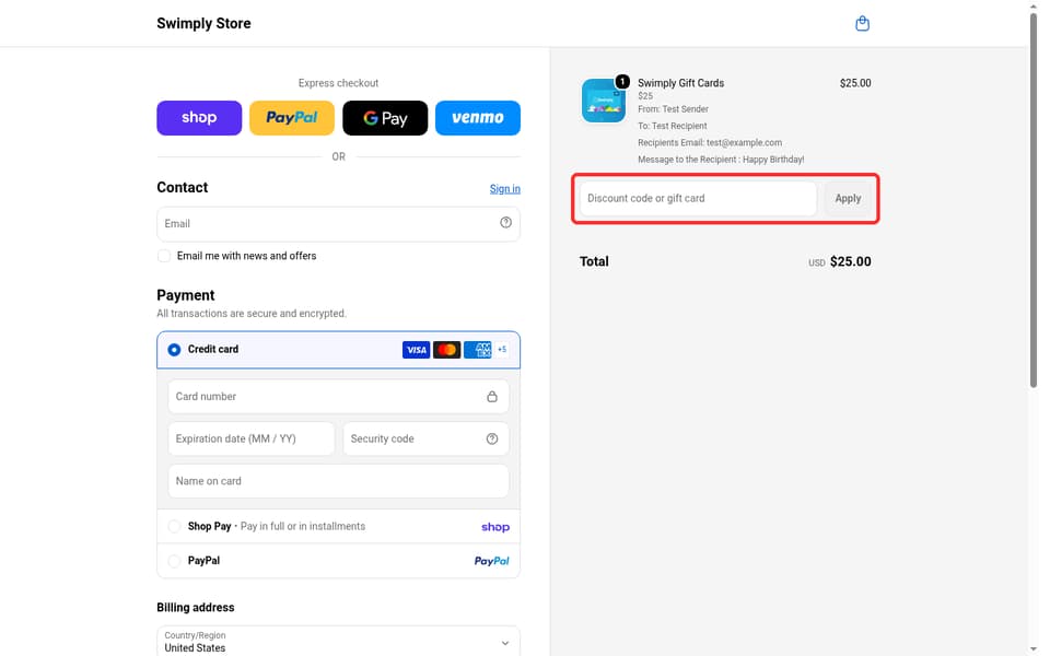 Swimply checkout page showing the Discount code or gift card field and Apply button