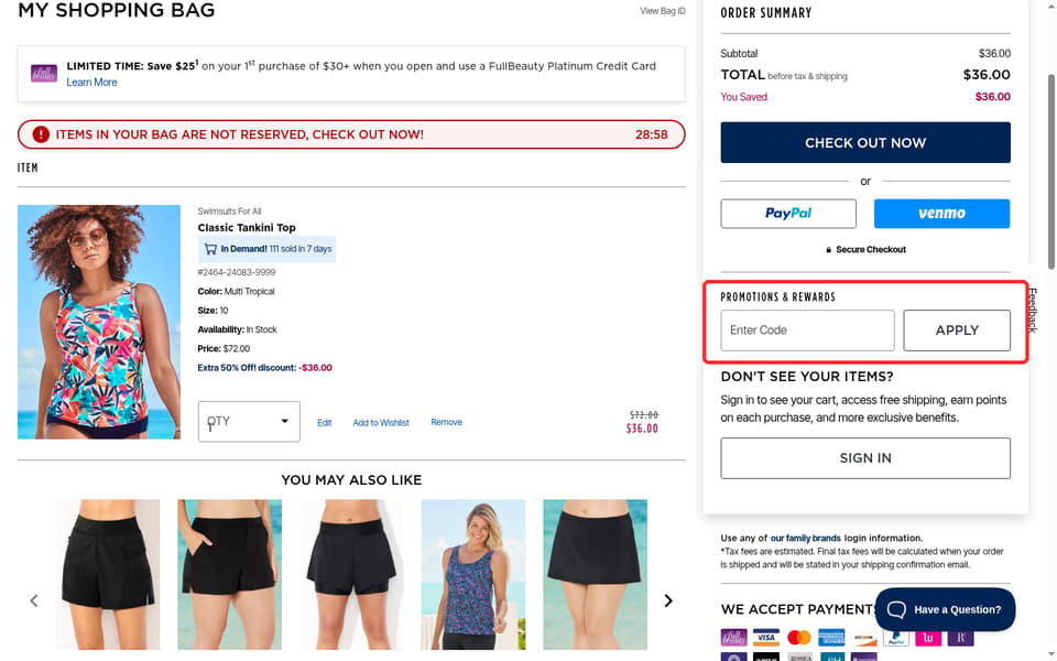 Swimsuits For All checkout page showing the Enter Code field and Apply button