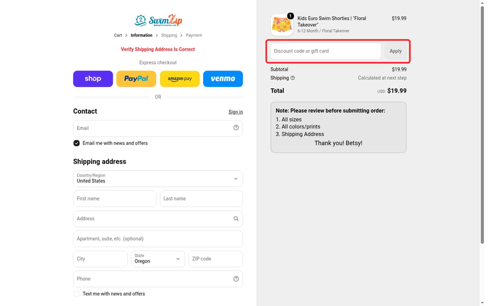 SwimZip checkout page showing the Discount code or gift card field and Apply button