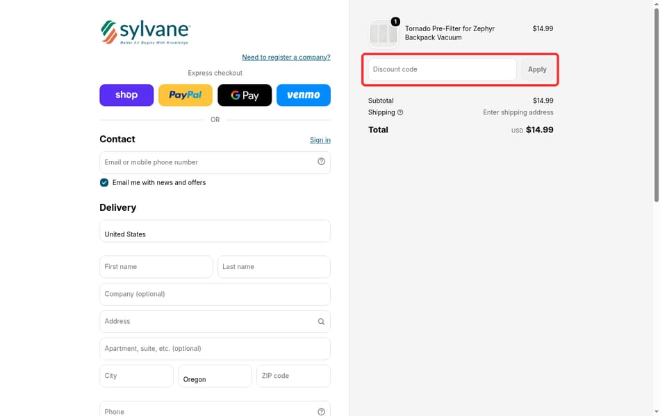 Sylvane checkout page showing the Discount code field and Apply button