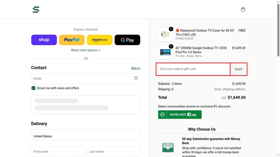 Sylvox checkout page showing the Discount code or gift card field and Apply button
