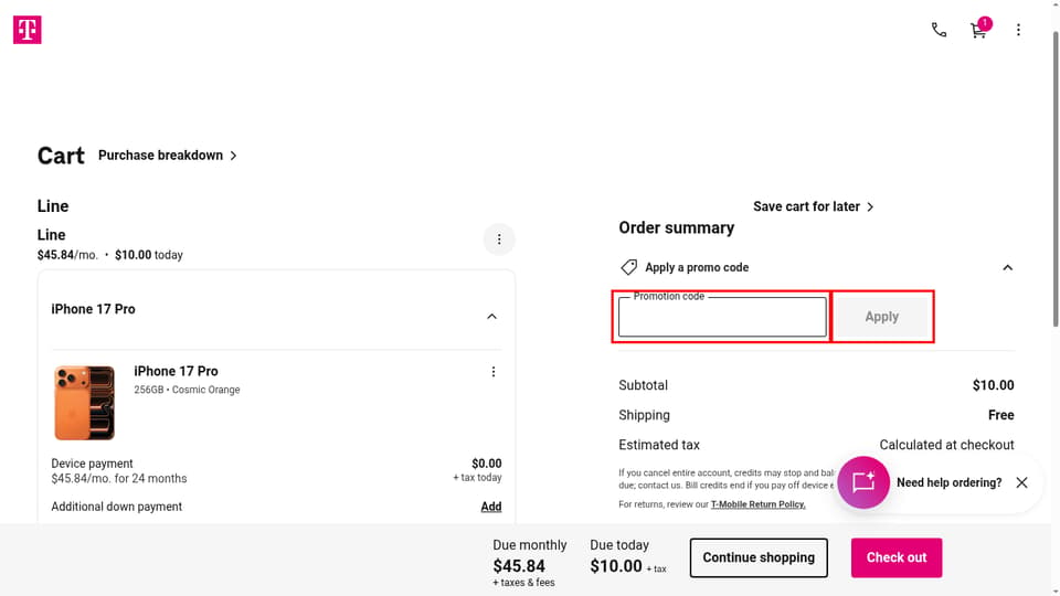 T-Mobile checkout page showing the Promotion code field and Apply button