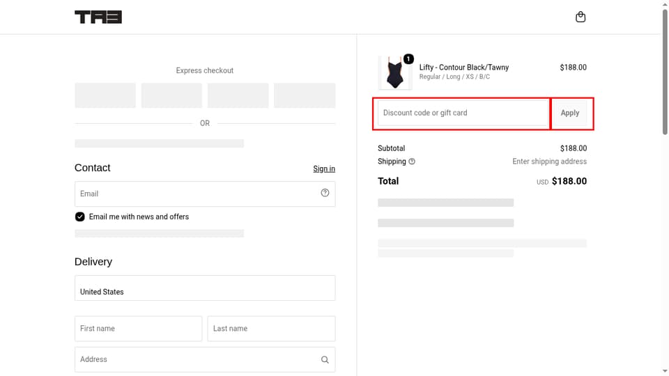 TA3 checkout page showing the Discount code or gift card field and Apply button