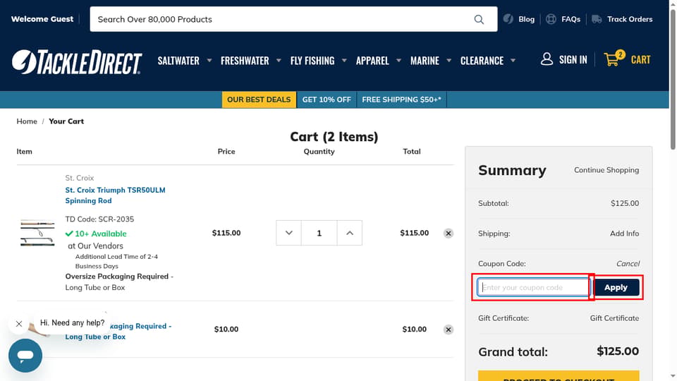 TackleDirect checkout page showing the Enter your coupon code field and Apply button