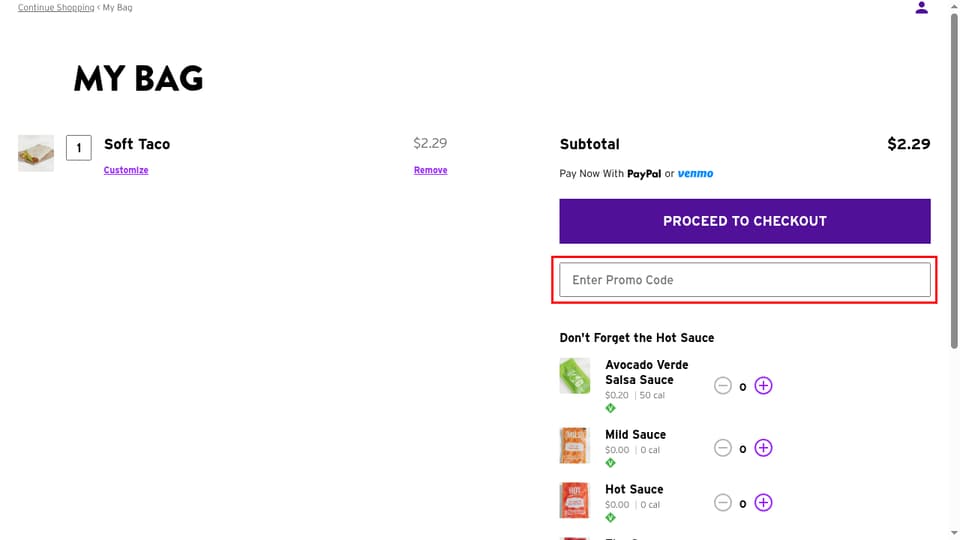 Taco Bell checkout page showing the Enter Promo Code field and Apply button