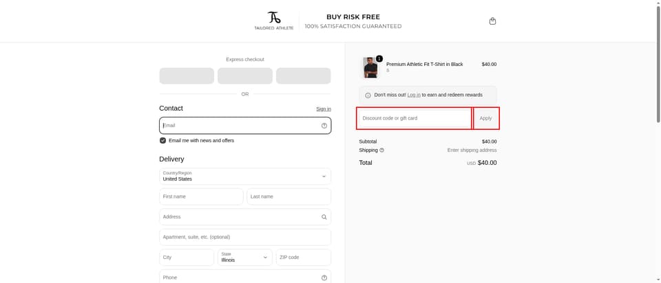 Tailored Athlete checkout page showing the Discount code or gift card field and Apply button