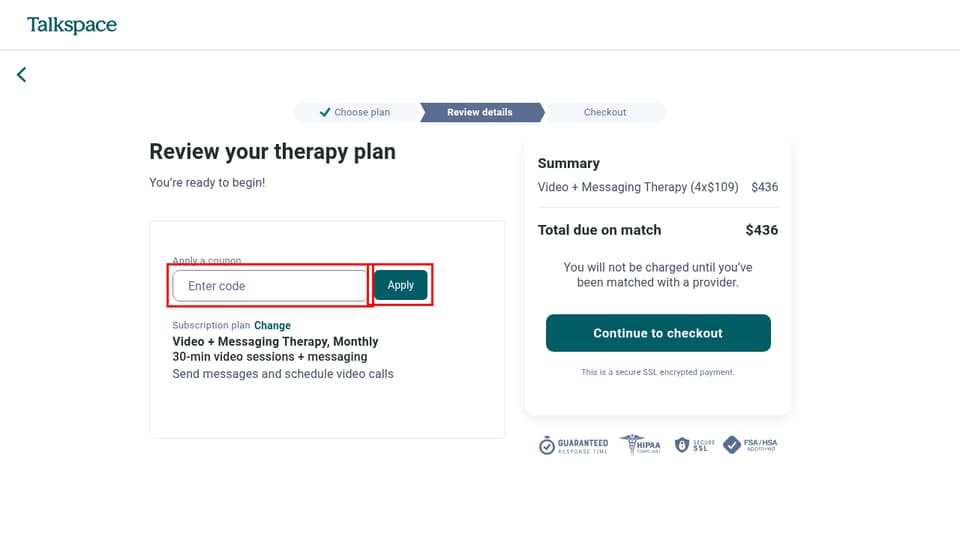 Talkspace checkout page showing the Enter code field and Apply button