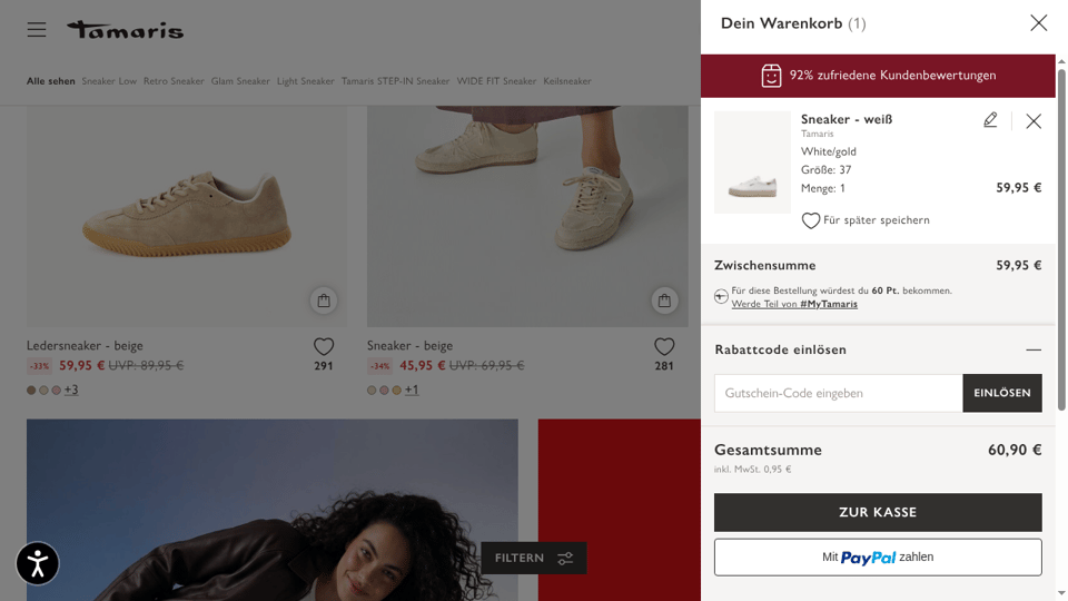 Tamaris checkout page showing the Gutschein-Code eingeben field and einlösen button