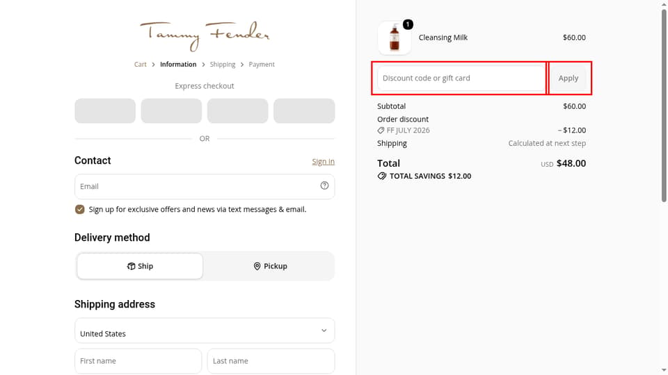 Tammy Fender checkout page showing the Discount code or gift card field and Apply button