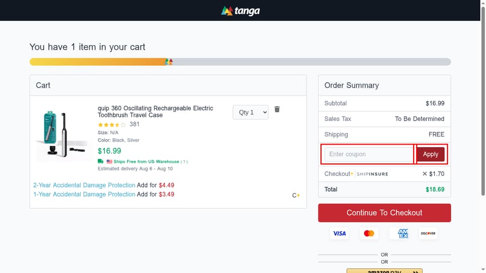 Tanga checkout page showing the Enter coupon field and Apply button