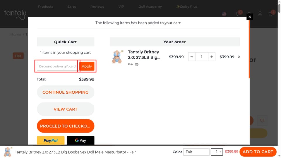 Tantaly checkout page showing the Discount code or gift card field and Apply button