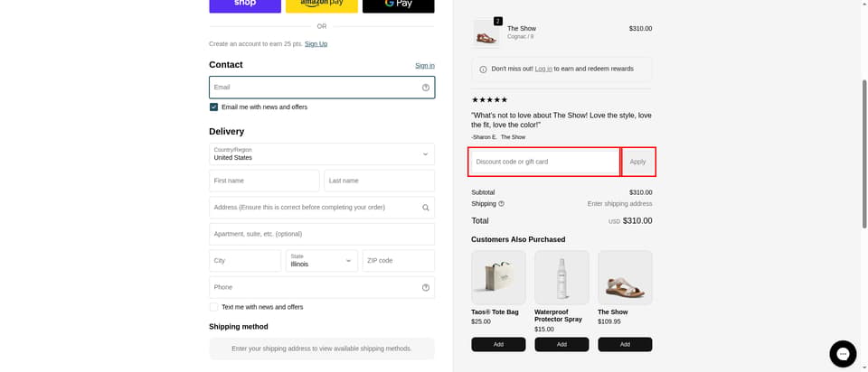 Taos Footwear checkout page showing the 