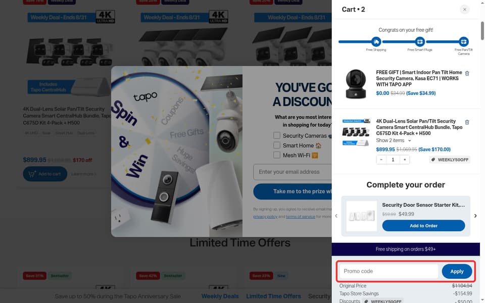 Tapo checkout page showing the Promo code field and Apply button
