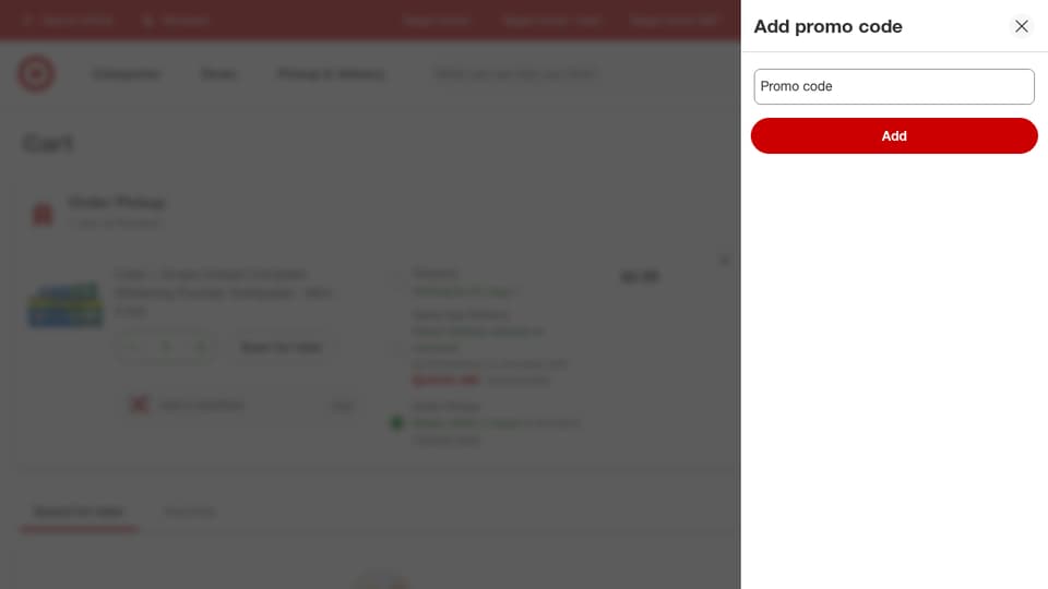 Target checkout page showing the Promo code field and Add button