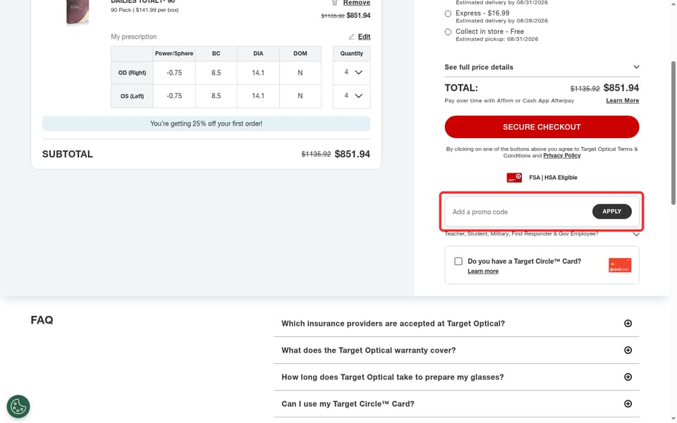 Target Optical checkout page showing the Add a promo code field and APPLY button