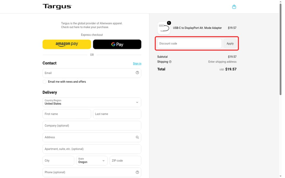 Targus checkout page showing the Discount code field and Apply button