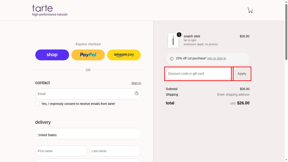 Tarte Cosmetics checkout page showing the Discount code or gift card field and Apply button