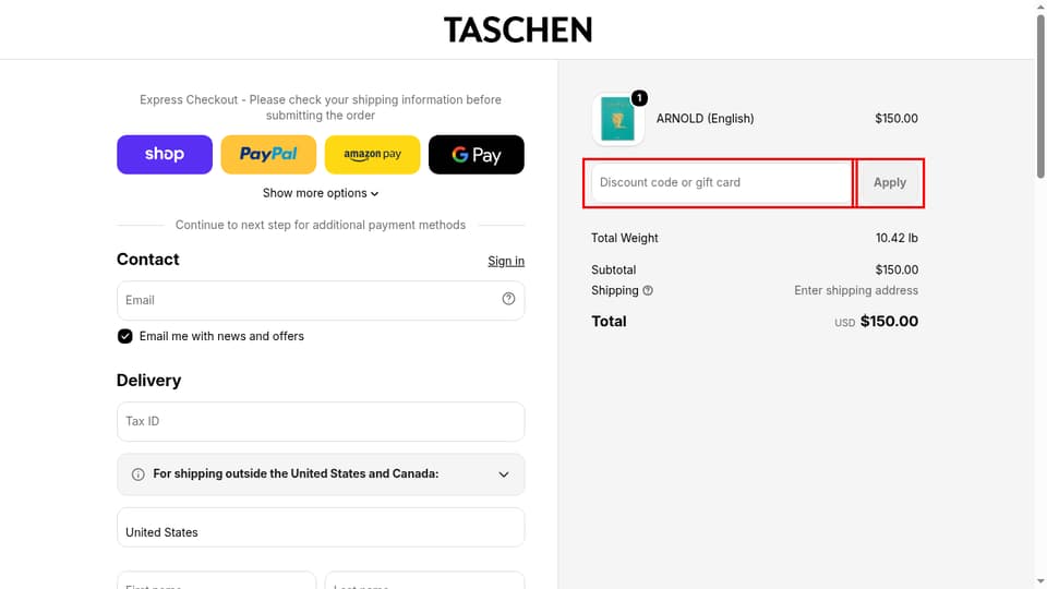 TASCHEN checkout page showing the Discount code or gift card field and Apply button