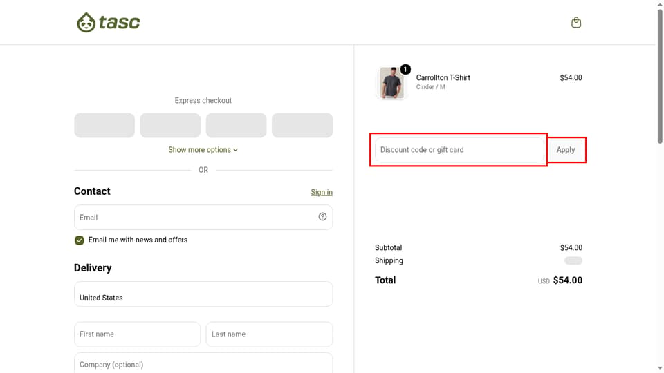 tasc Performance checkout page showing the Discount code or gift card field and Apply button