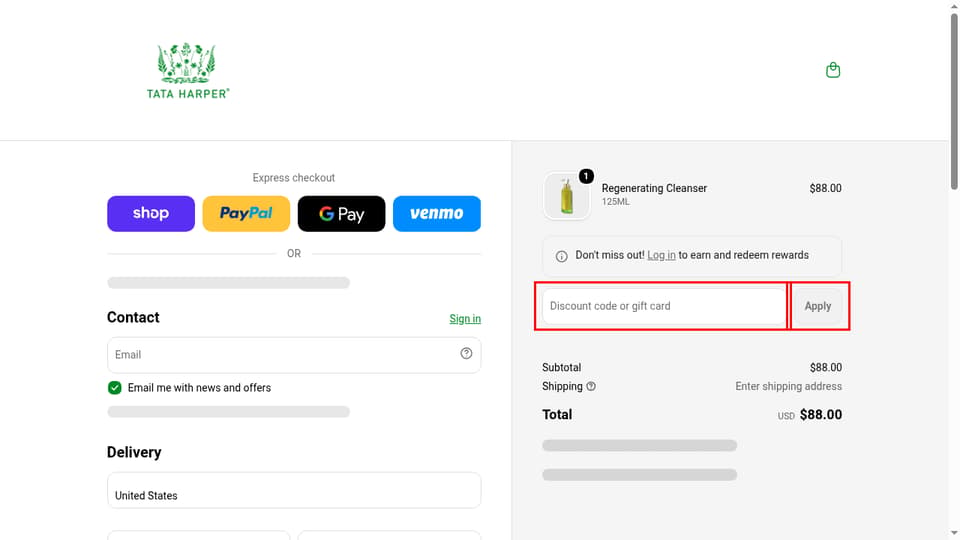 Tata Harper checkout page showing the Discount code or gift card field and Apply button