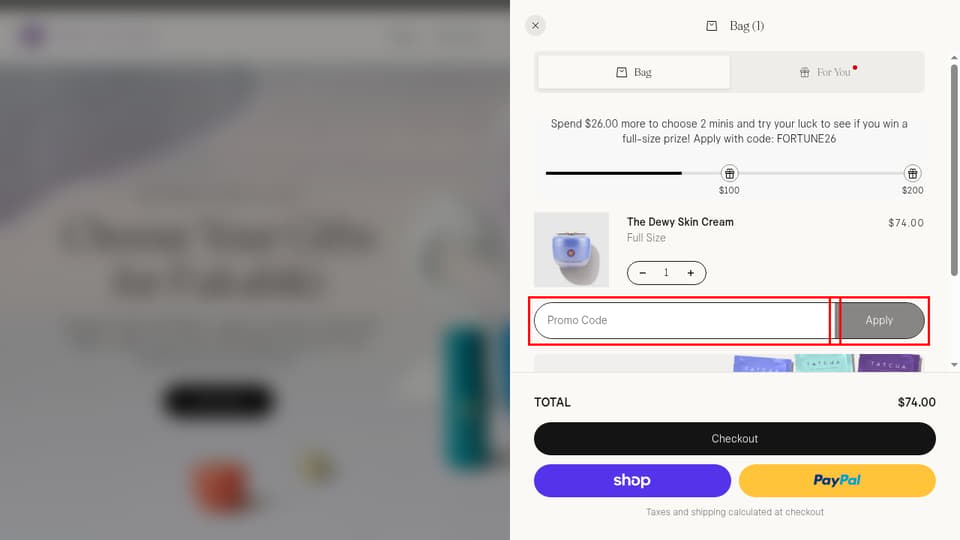 Tatcha checkout page showing the Promo Code field and Apply button