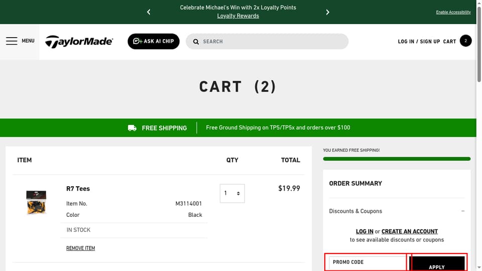 TaylorMade Golf checkout page showing the Promo Code field and Apply button