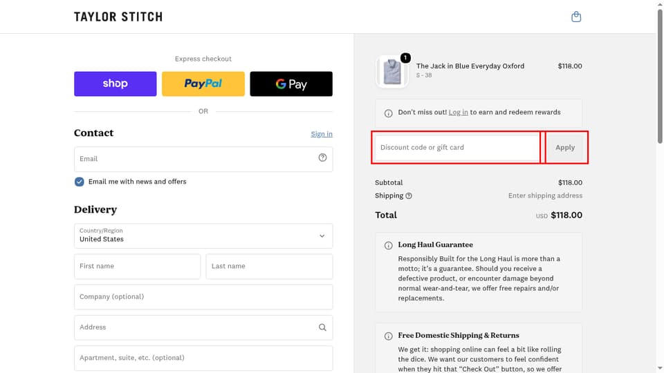 Taylor Stitch checkout page showing the Discount code or gift card field and Apply button