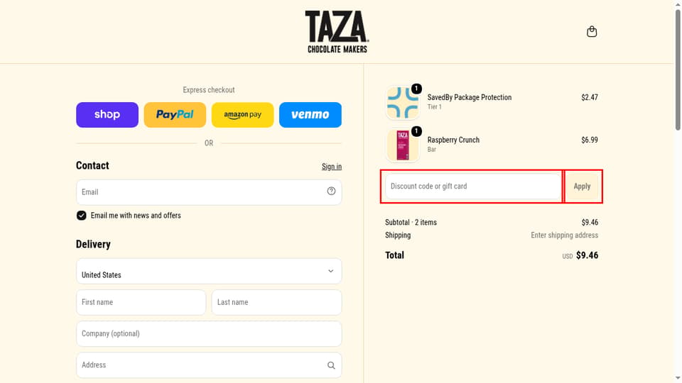 Taza Chocolate checkout page showing the Discount code or gift card field and Apply button