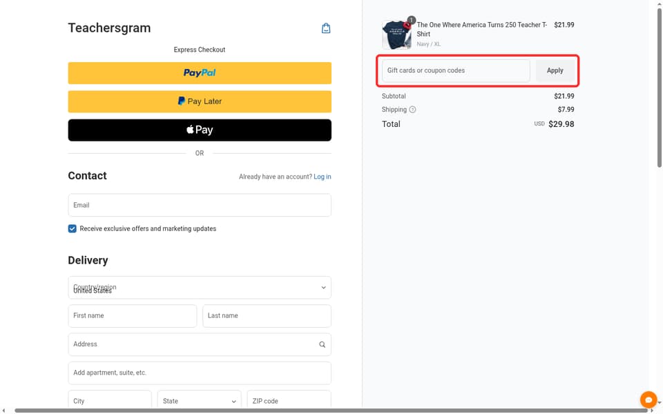 Teachersgram checkout page showing the Gift cards or coupon codes field and Apply button