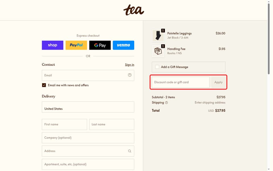 Tea Collection checkout page showing the Discount code or gift card field and Apply button